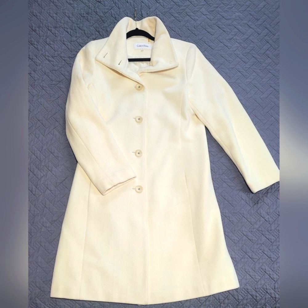Calvin Klein Ivory Wool Blend Mid Length Coat Size 10